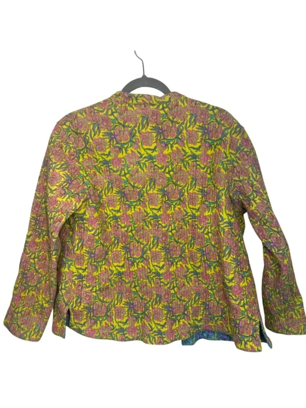 Anu by Natural Reversible Quilted Floral Jacket Yellow Blue Button Artisan